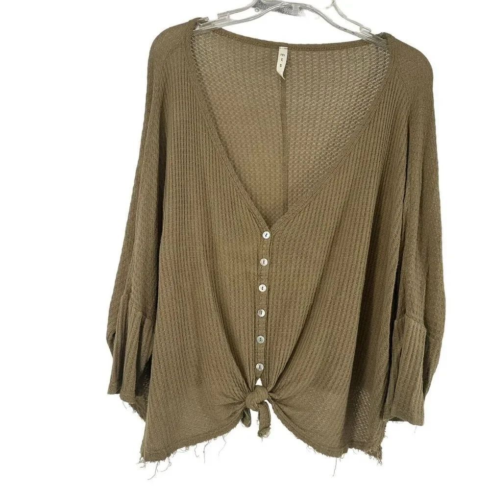 Waffle Knit Top Green Oversized Relaxed Fit Knot Front V Neck Size S MTS Brand